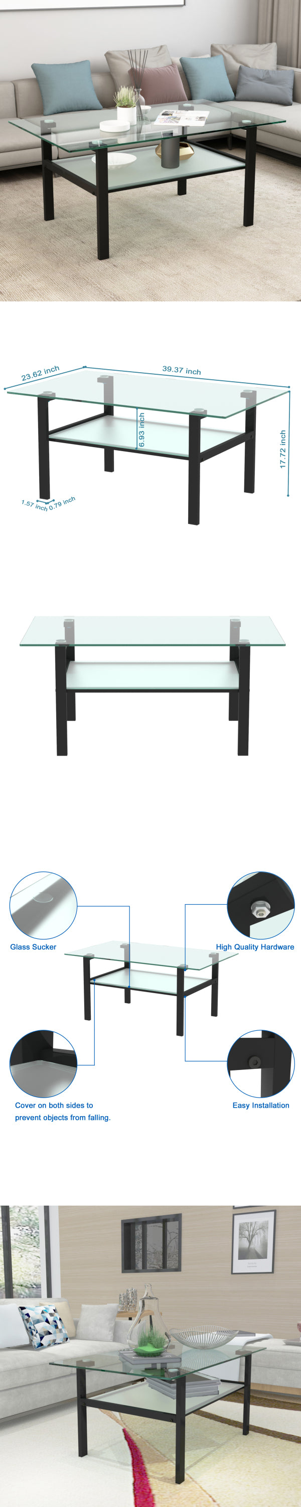 Leoglint Transparent glass black coffee table, modern simple, living room coffee table, side center table