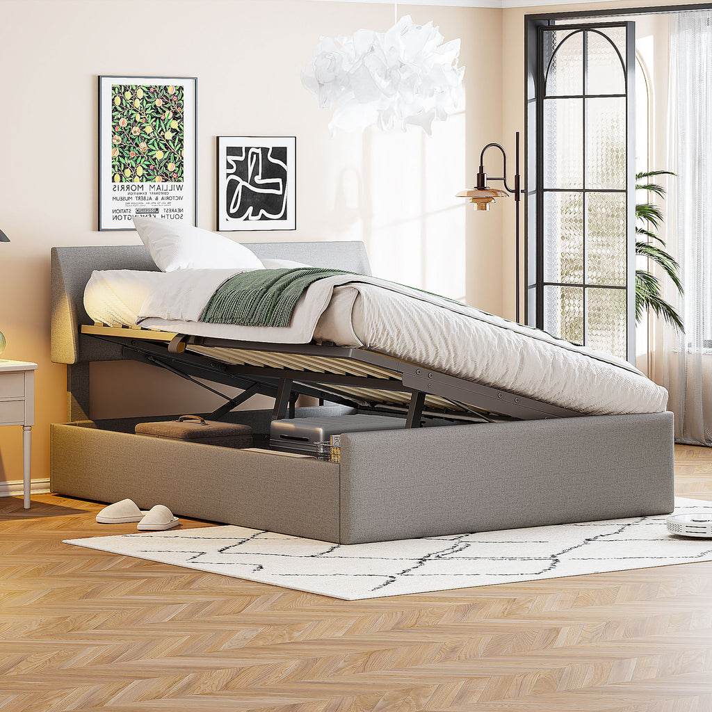 Leoglint Full Size Sleigh Bed Frame with Side-Tilt Hydraulic Storage System, Linen Upholstery, Gray