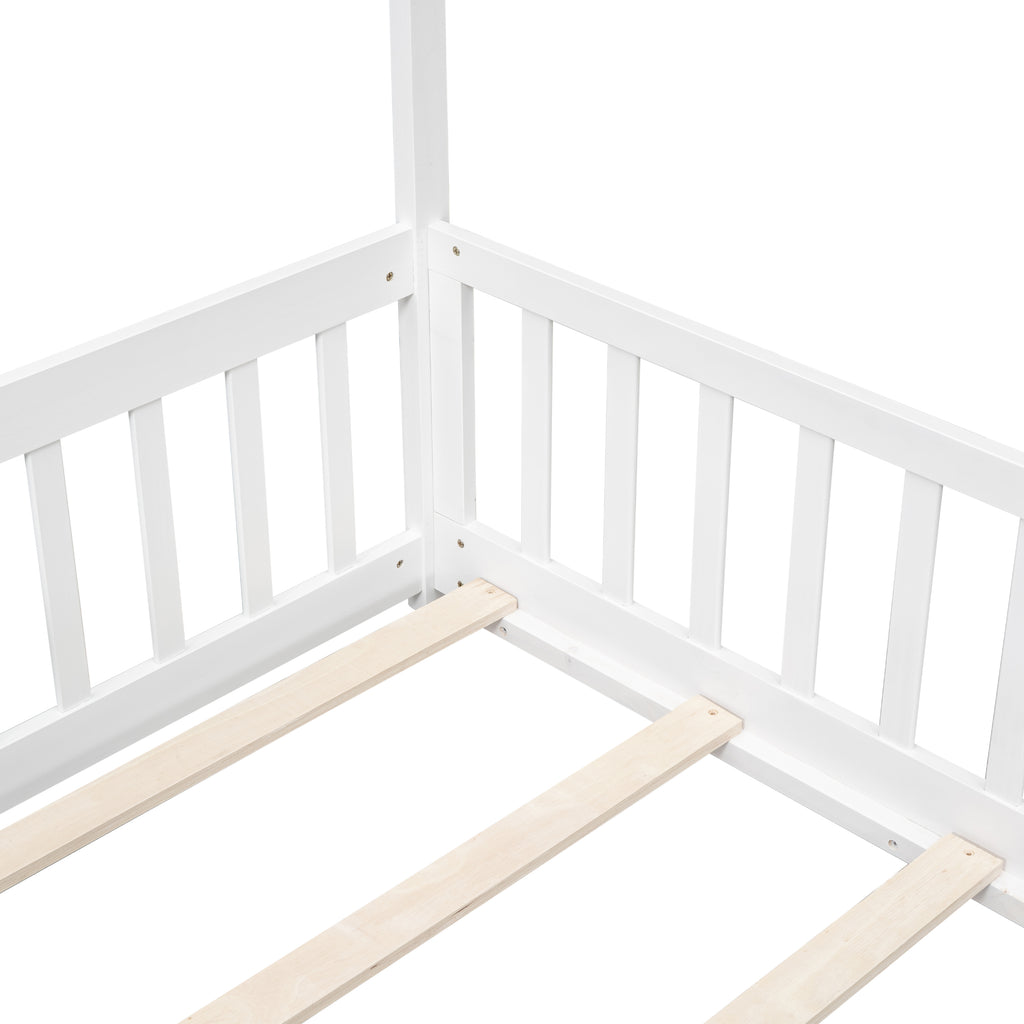 Twin House Bed Frame with Guardrails, Slats ,White