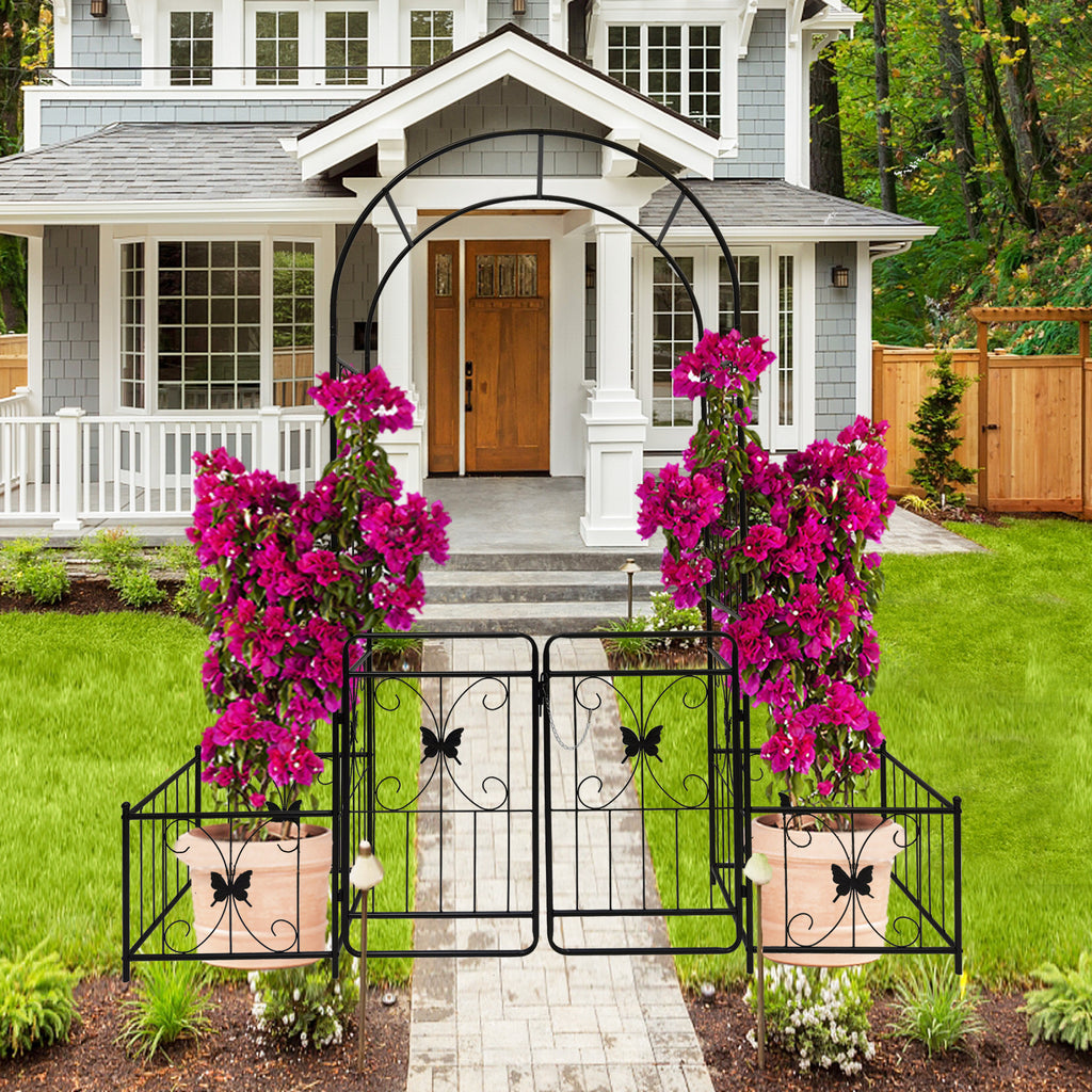 Leoglint Metal Garden Trellis with Gate 79.5'' Wide x 86.6'' High Climbing Plants Support Rose Arch Outdoor Black