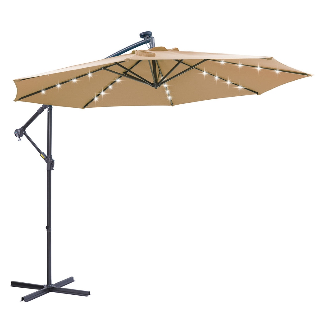 Leoglint 10 FT Solar LED Patio Outdoor Umbrella Hanging Cantilever Umbrella Offset Umbrella Easy Open Adustment with 32 LED Lights -taupe