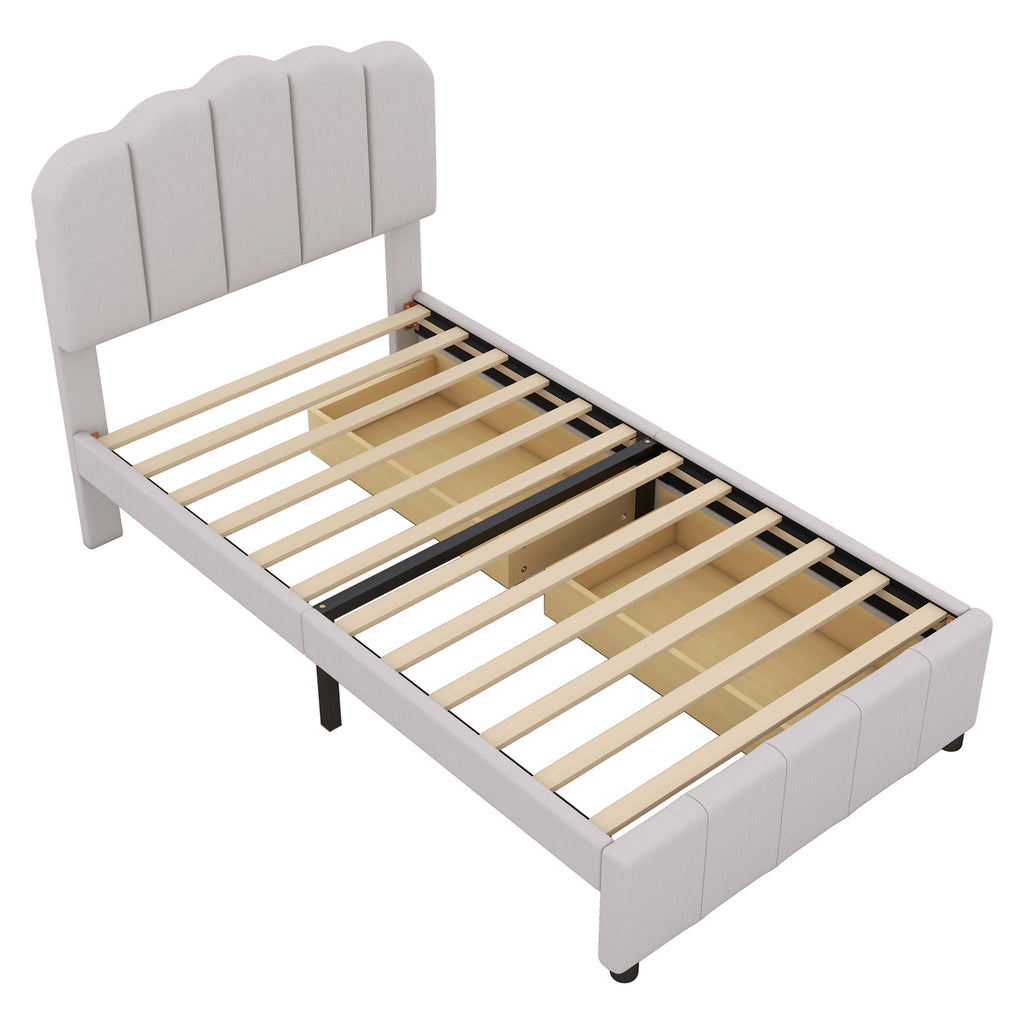 Leoglint Twin Size Upholstered Bed Frame with 2 Storage Drawers,Wood Slat Support, Beige