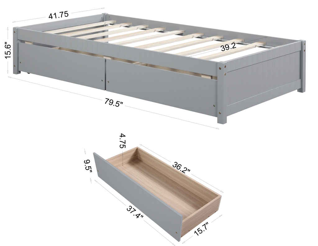 Twin Bed Frame with 2 Drawers, Solid Wood, No Box Spring Needed ,Grey(New SKU:W504P149041)