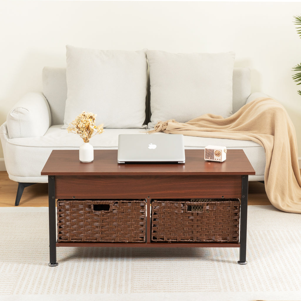 Leoglint Metal coffee table,desk,with a lifting table,and hidden storage space.There were two removable wicker baskets that could be placed in any space such as the living room,color:brownwith solid wood grain