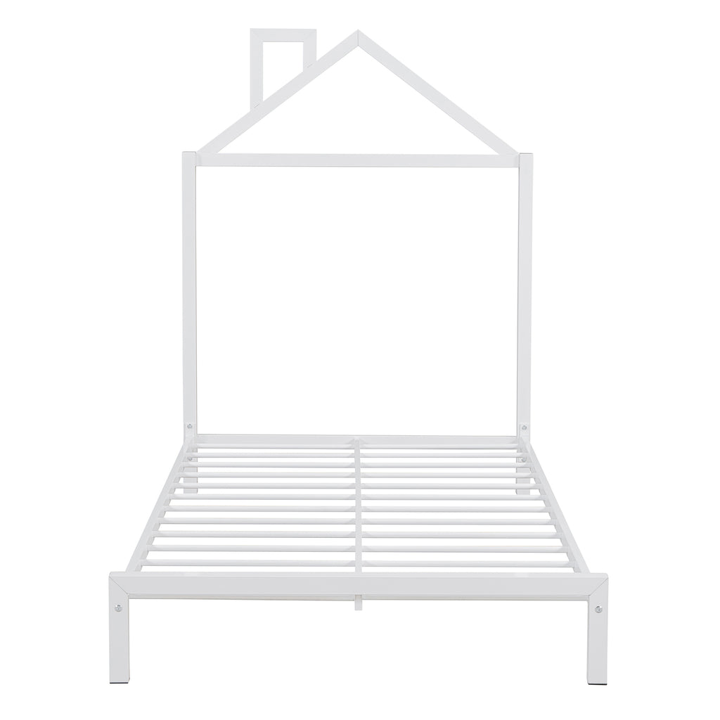 Leoglint Twin Size Metal Platform Bed Frame with House-Shaped Headboard Design, White