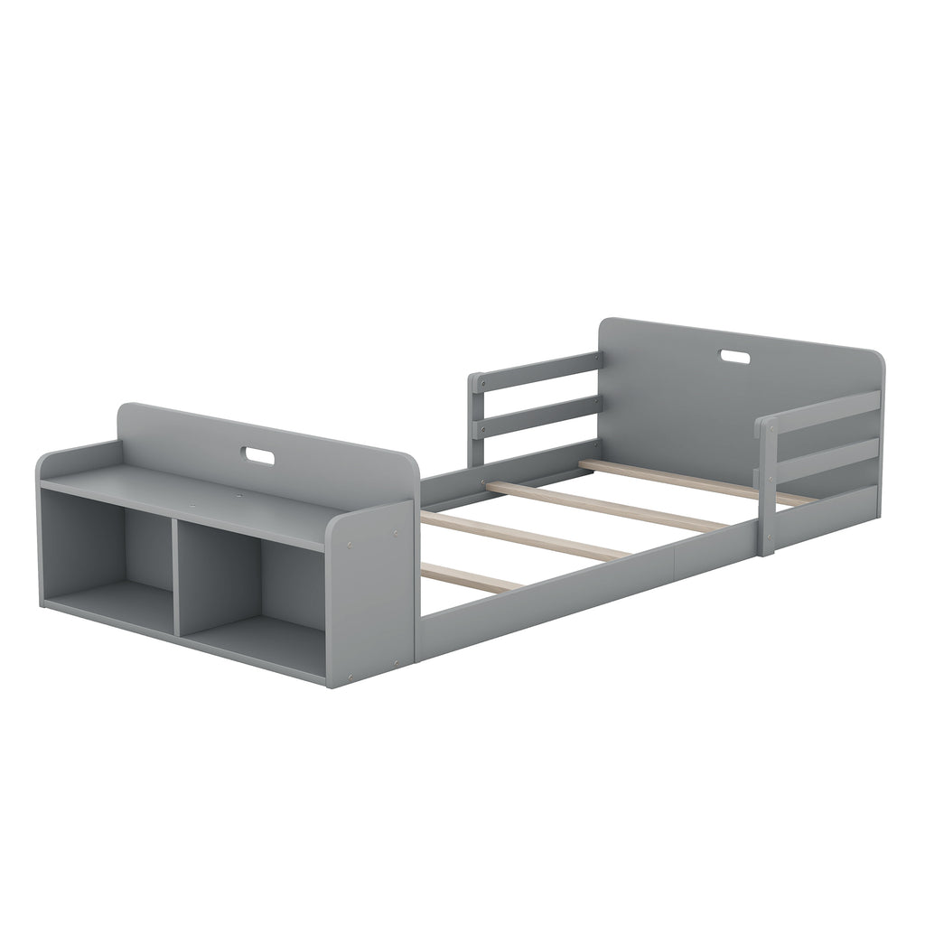 Leoglint Twin Size Floor Bed Frame with Storage Footboard and Guardrail, Grey