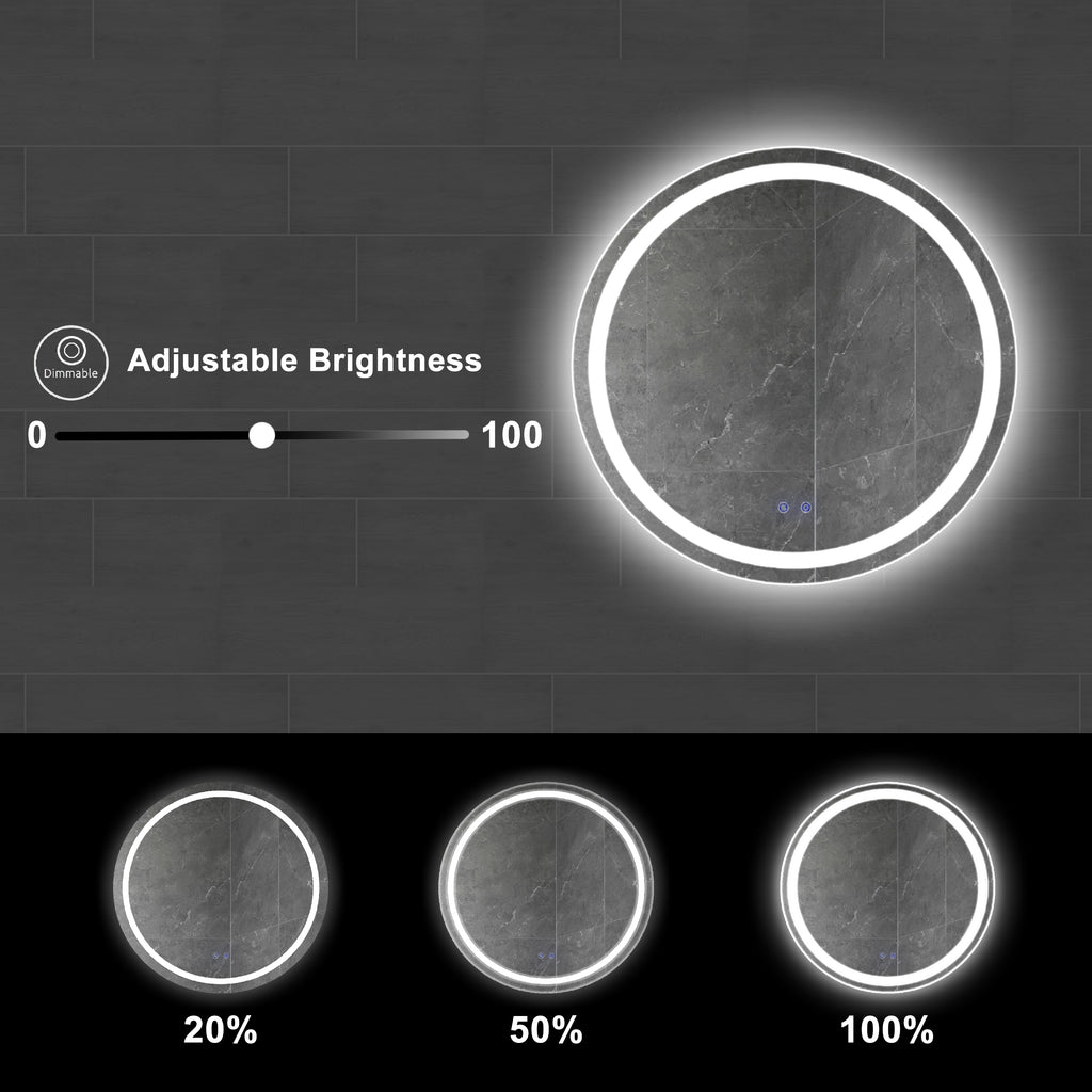 Leoglint 32 x 32 Inch Round Frameless LED Illuminated Bathroom Mirror, Touch Button Defogger, Metal, Frosted Edges, Silver