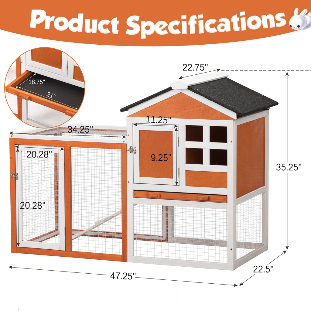 Leoglint 2-Story Wooden Rabbit Hutch Bunny Cage, Chicken Coop, Pet House for Small Animals, Orange + White