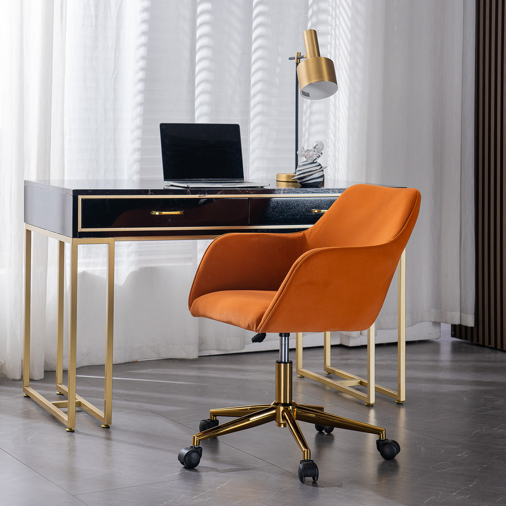 Leoglint Modern Velvet Fabric Material Adjustable Height 360 revolving Home Office Chair with Gold Metal Legs and Universal Wheels for Indoor,Orange