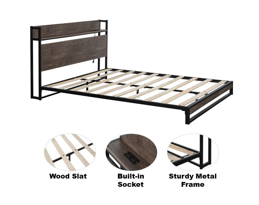 Platform Queen Bed Frame with Socket, Fast Assemble Design