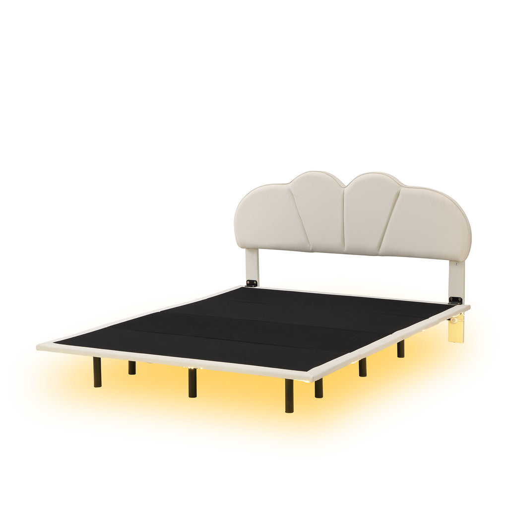 Queen Size Upholstery LED Floating Bed Frame with PU Leather Headboard and Support Legs,Beige