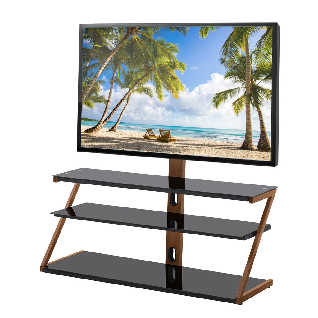 Leoglint Tv Stand,Tempered Glass Height Adjustable Universal Swivel Glass Floor Media Storage Stand With Mount Heat-Transferred Printing Metal Tube, Walnut/Black