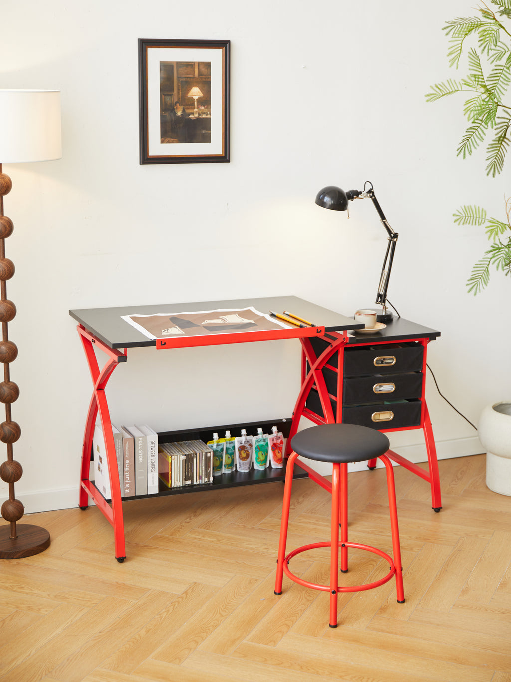 Leoglint Office desk drafting table red with stool