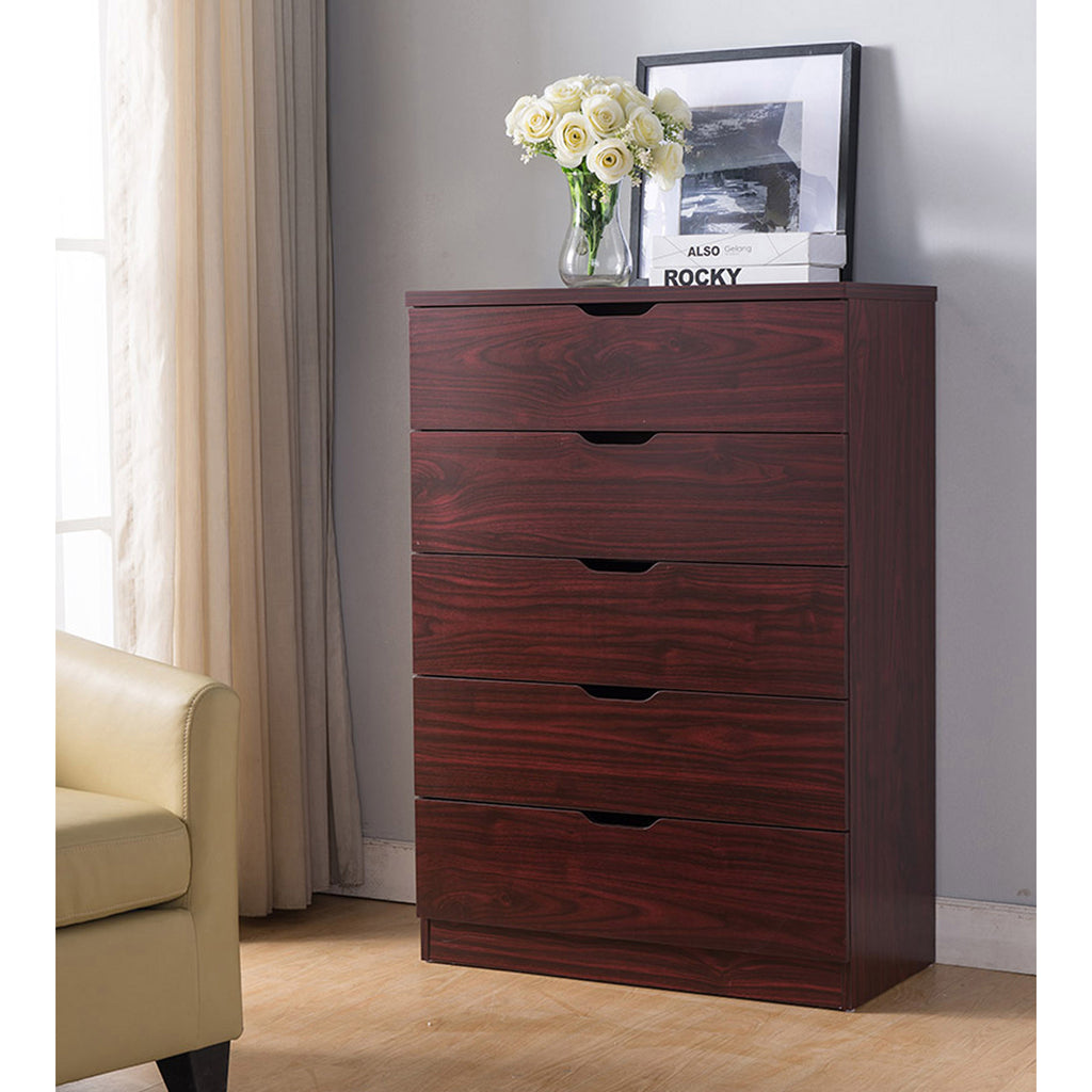 Leoglint 5 Drawer Chest Bedroom Dresser, Home Chest Cabinet with Cut-Out Handles, Mahogany