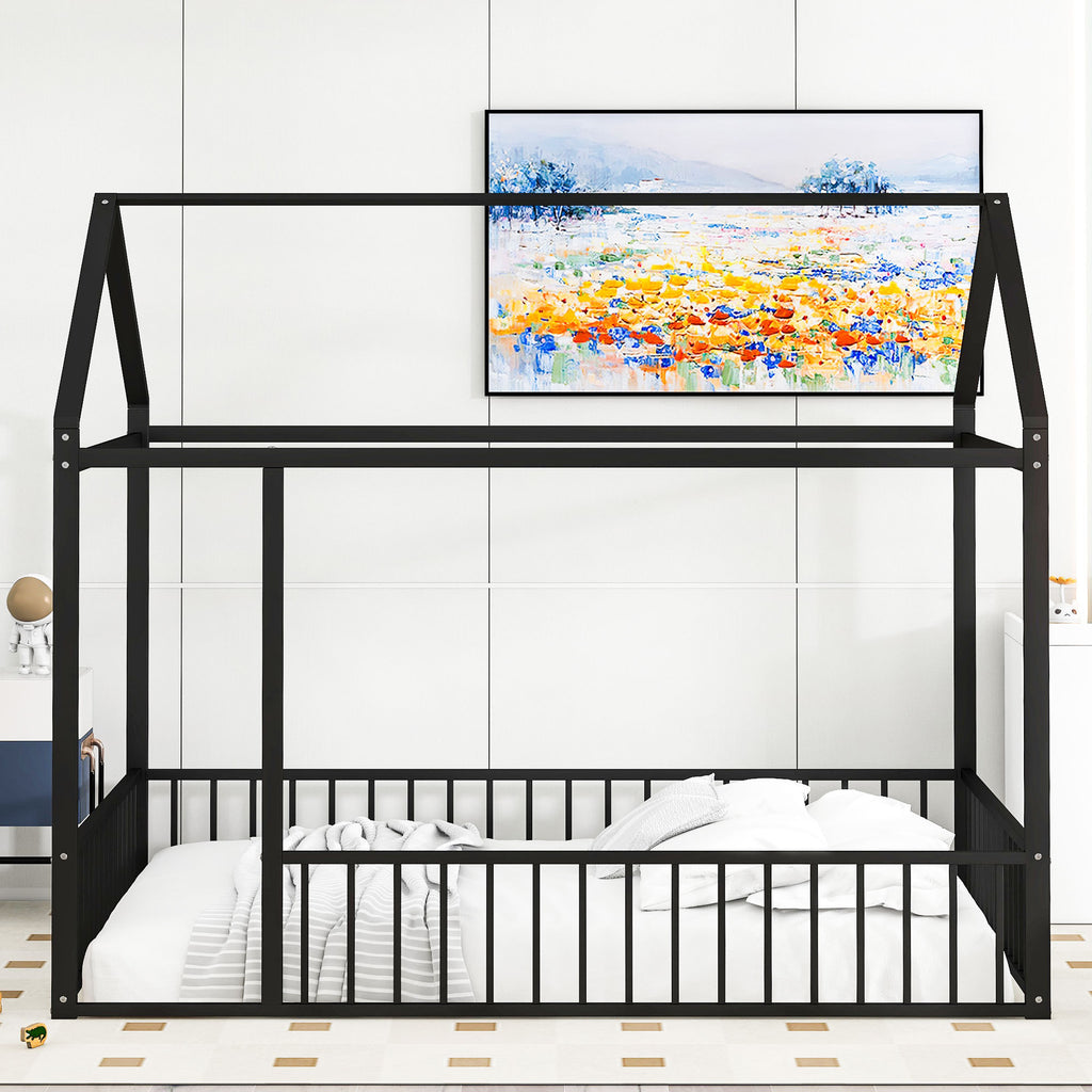 Leoglint Full Size Metal Bed House Bed Frame with Fence, for Kids, Teens, Girls, Boys,Black