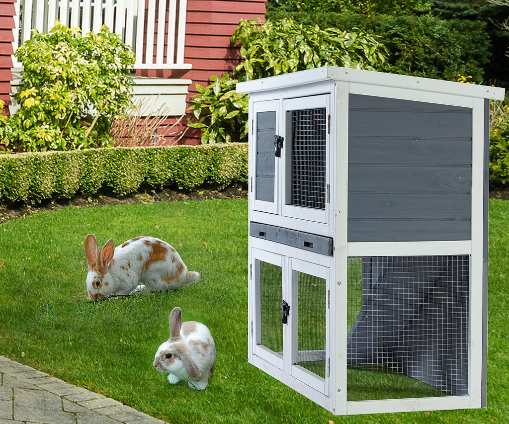 Leoglint Two-layer solid wooden with easy clear tray for bunny rabbitsWooden Pet House Rabbit Bunny Wood Hutch House Dog House Chicken Coops Chicken Cages Rabbit Cage