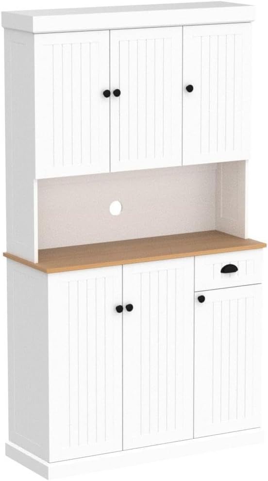 Leoglint Sideboard 71" Kitchen Pantry Storage Cabinet with Microwave Oven Countertop, Freestanding Hutch Cabinet with Adjustable Shelves, 6 Doors and 1 Drawer-White