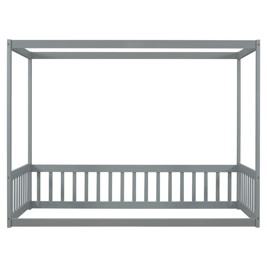 Leoglint Twin Size Canopy Frame Floor Bed Frame with Fence, Guardrails,Grey