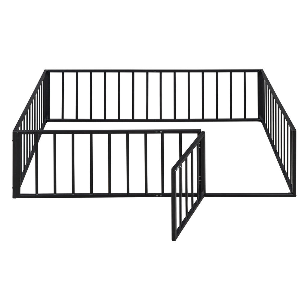 Leoglint Full Size Metal Floor Bed Frame with Fence and Door, Black