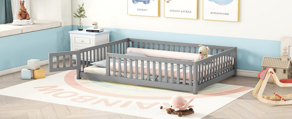 Leoglint Full Size Bed Floor Bed Frame with Safety Guardrails and Door for Kids, Gray(Old SKU: W158090691)