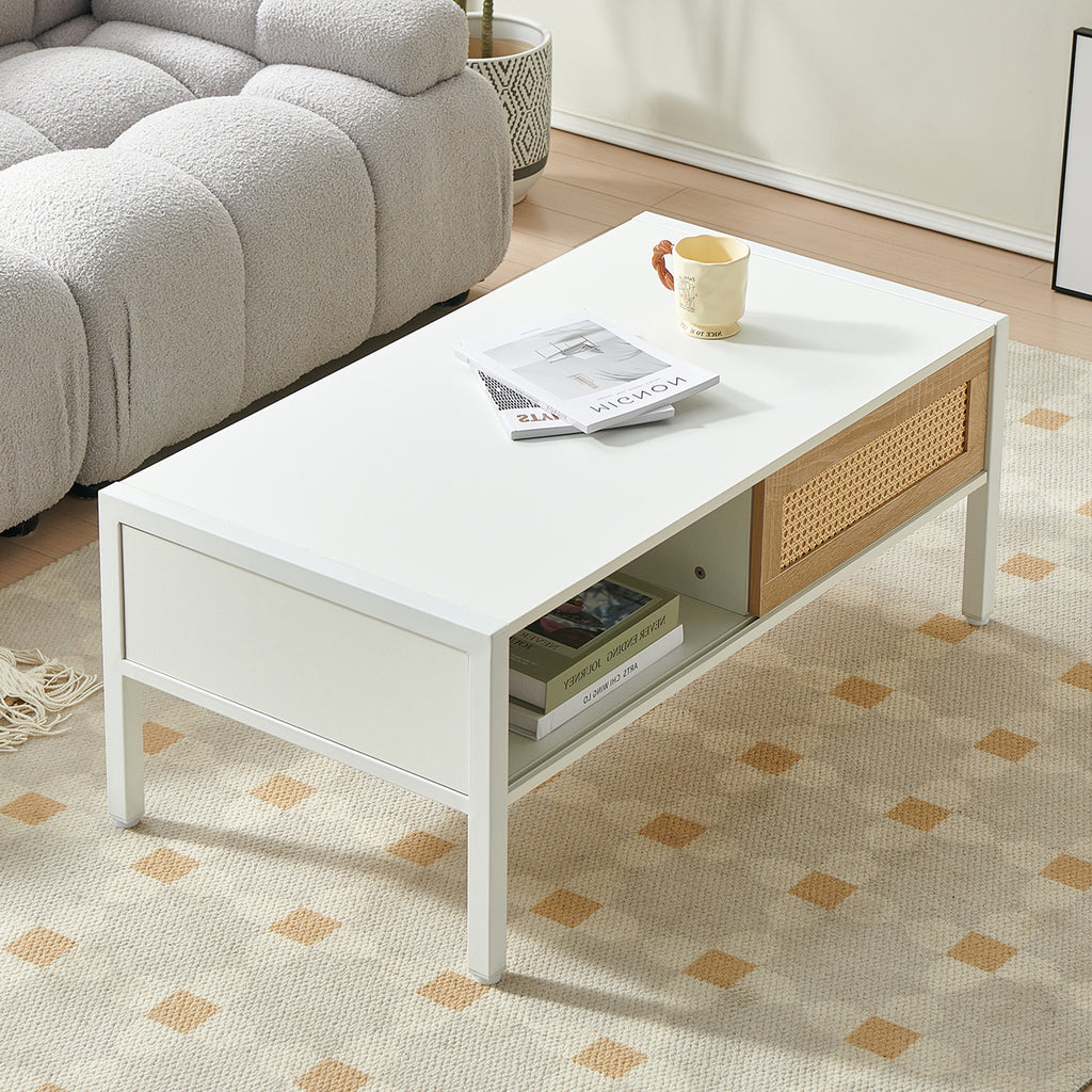 Leoglint 40.16" Rattan Coffee table, sliding door for storage, metal legs, Modern table  for living room , white