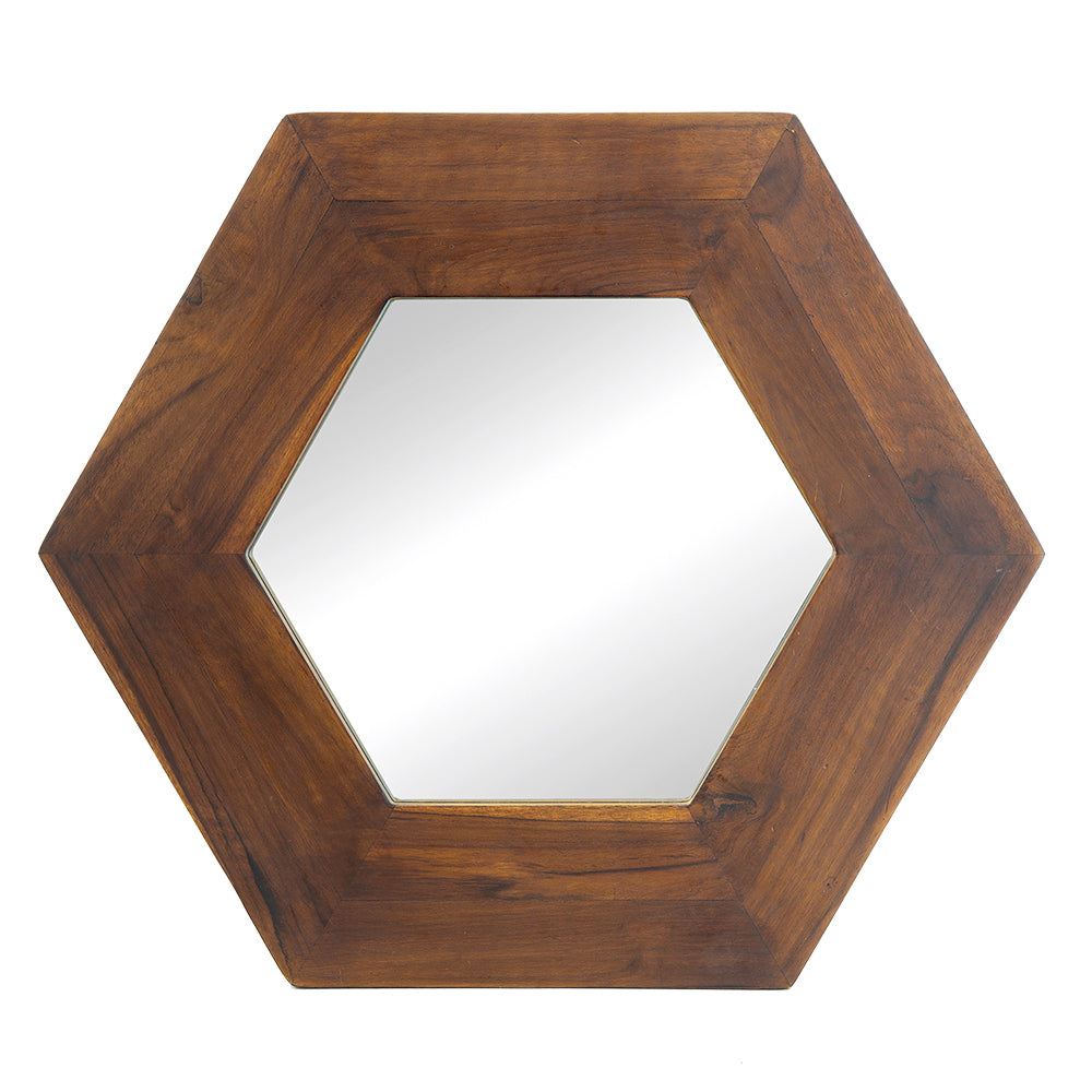 Leoglint 18.5" x 18.5" Hexagon Mirror with Solid Wood Frame, Wall Decor for Living Room Bathroom Hallway, Dark Brown