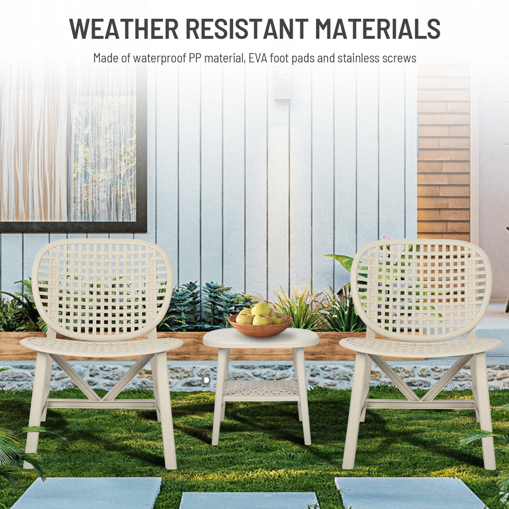 Leoglint 3 Pieces Hollow Design Retro Patio Table Outdoor Chair Set All Weather Conversation Bistro Set Outdoor Table with Open Shelf and Lounge Chairs with Widened Seat for Balcony Garden Yard White