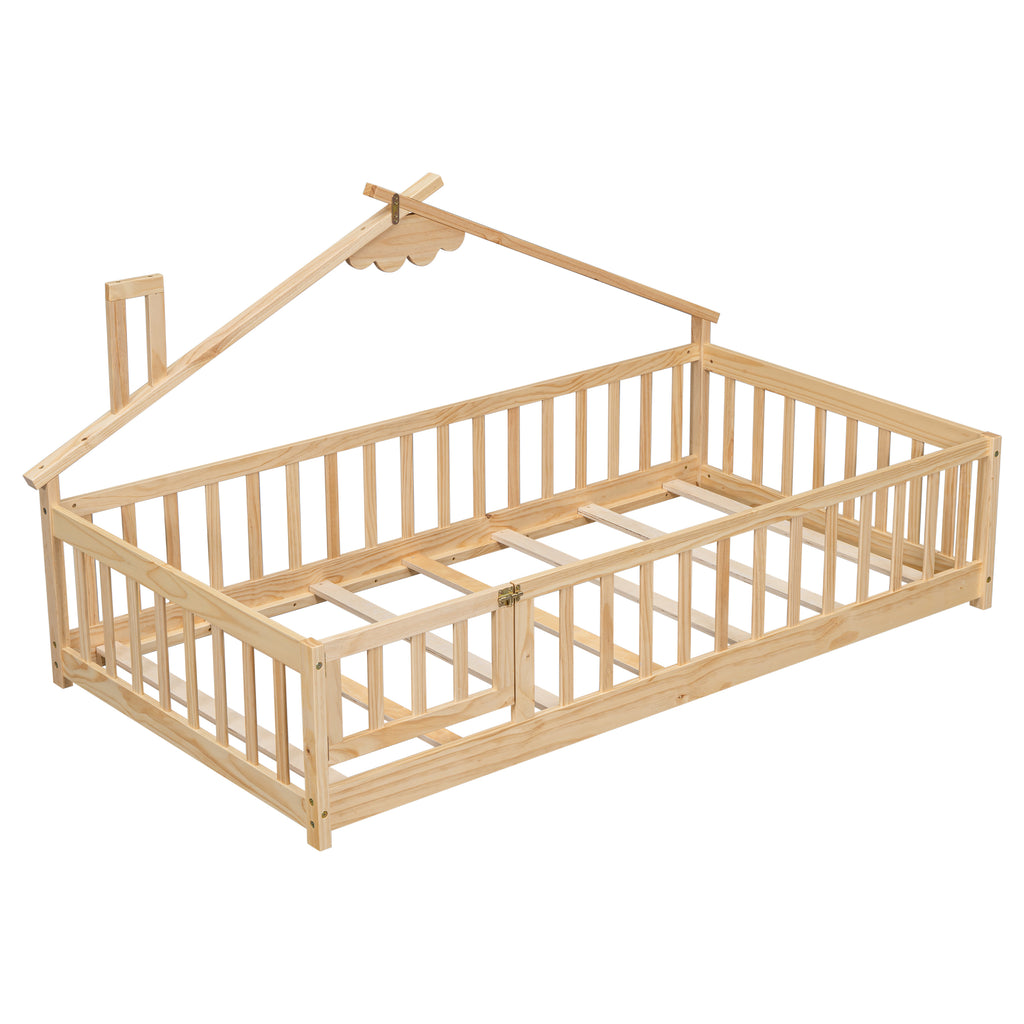 Twin House-Shaped Bedside Floor Bed Frame with Guardrails, Slats, with Door,Natural