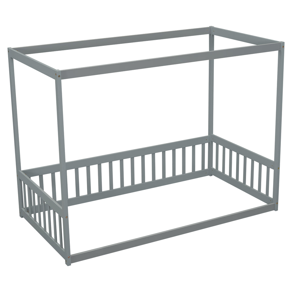 Leoglint Twin Size Canopy Frame Floor Bed Frame with Fence, Guardrails,Grey