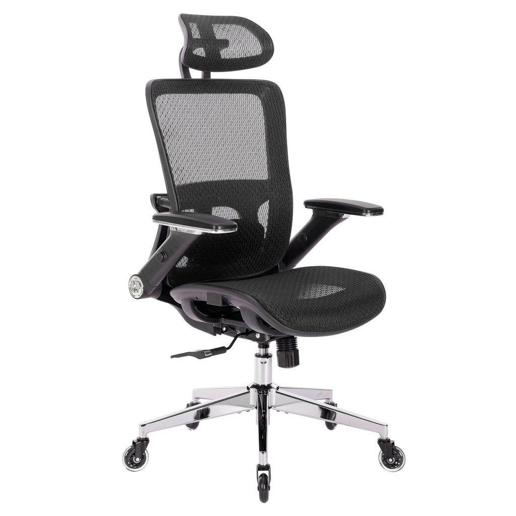 Leoglint BLACK Ergonomic Mesh Office Chair, High Back - Adjustable Headrest with Flip-Up Arms, Tilt and lock Function, Lumbar Support and blade Wheels, KD chrome metal legs