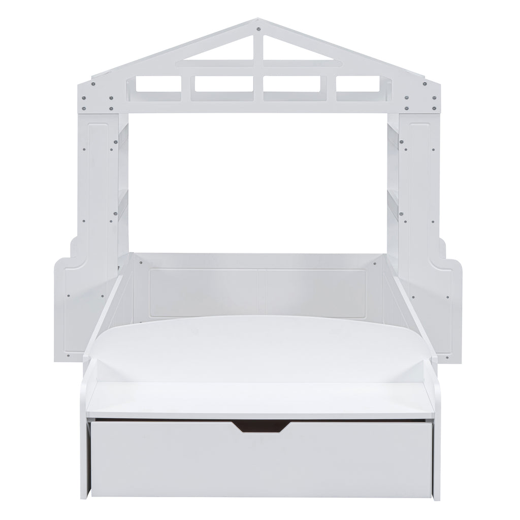 Leoglint Twin Size House Bed Frame with Bench, Socket and Shelves, White