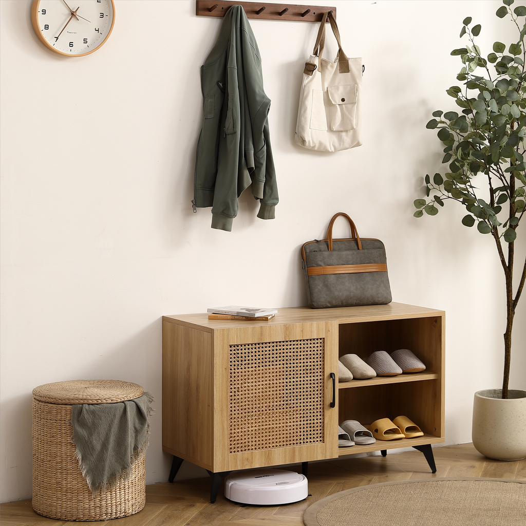 Leoglint Sideboard Modern Shoe-Storage Cabinet with Natural Rattan Mesh Door and Solid Wooden Handle 39.37inch