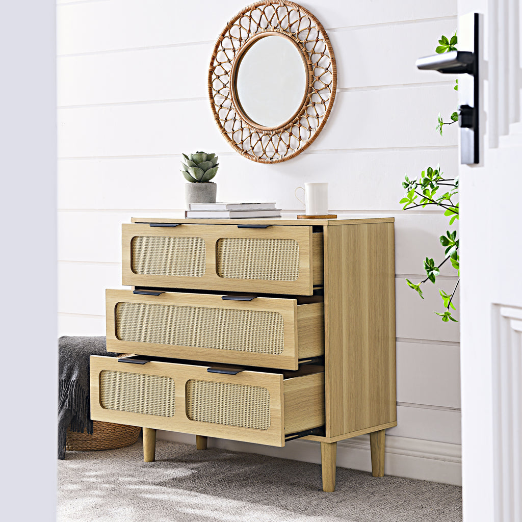 Leoglint 3 drawer dresser,Drawer Chest, modern rattan dresser cabinet with wide drawers and metal handles, farmhouse wooden storage chest of drawers for room, living room, hallway, entrance, office