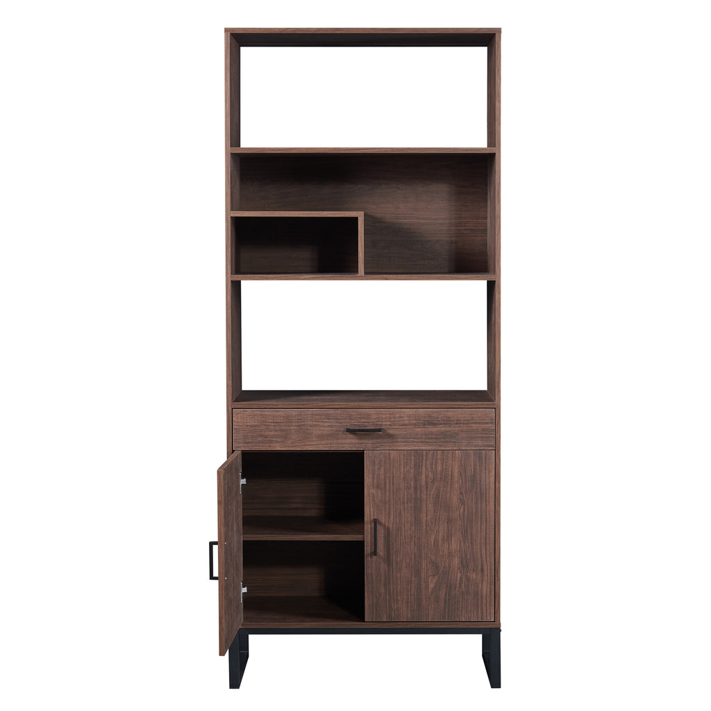 Leoglint 75.9"Modern Open Bookshelf with Doors, Bookcase with Storage drawer and LED Strip Lights,Free Standing Display Rack,Wooden Tall Bookshelf for Living Room and Office, Walnut