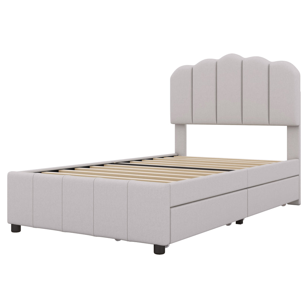 Leoglint Twin Size Upholstered Bed Frame with 2 Storage Drawers,Wood Slat Support, Beige