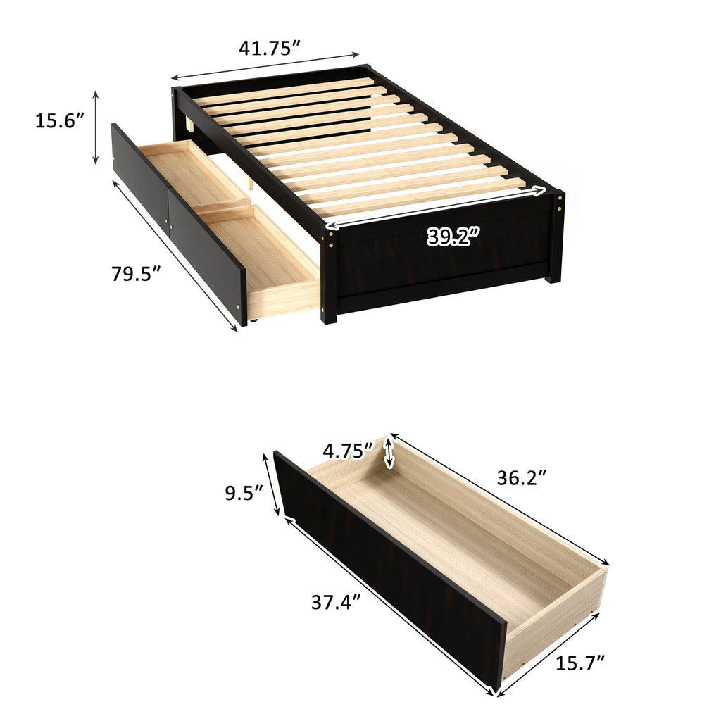 Twin Bed Frame with 2 Drawers, Solid Wood, No Box Spring Needed ,Espresso(Old SKU:W50441670)