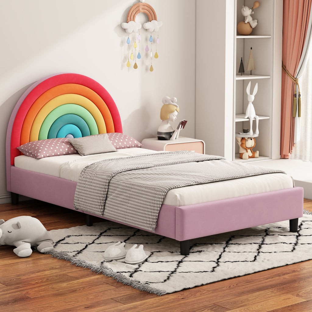 Rainbow Design Upholstered Twin Platform Bed Frame Cute Style Princess Bed for Boys & Girls, Teens, Colorful & Pink