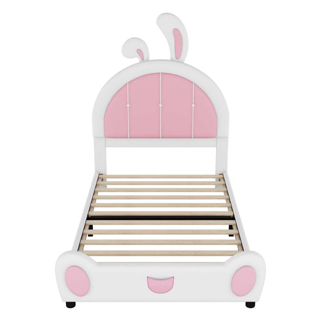 Leoglint Twin Size Upholstered Platform Bed Frame with Rabbit Shaped Headboard, White