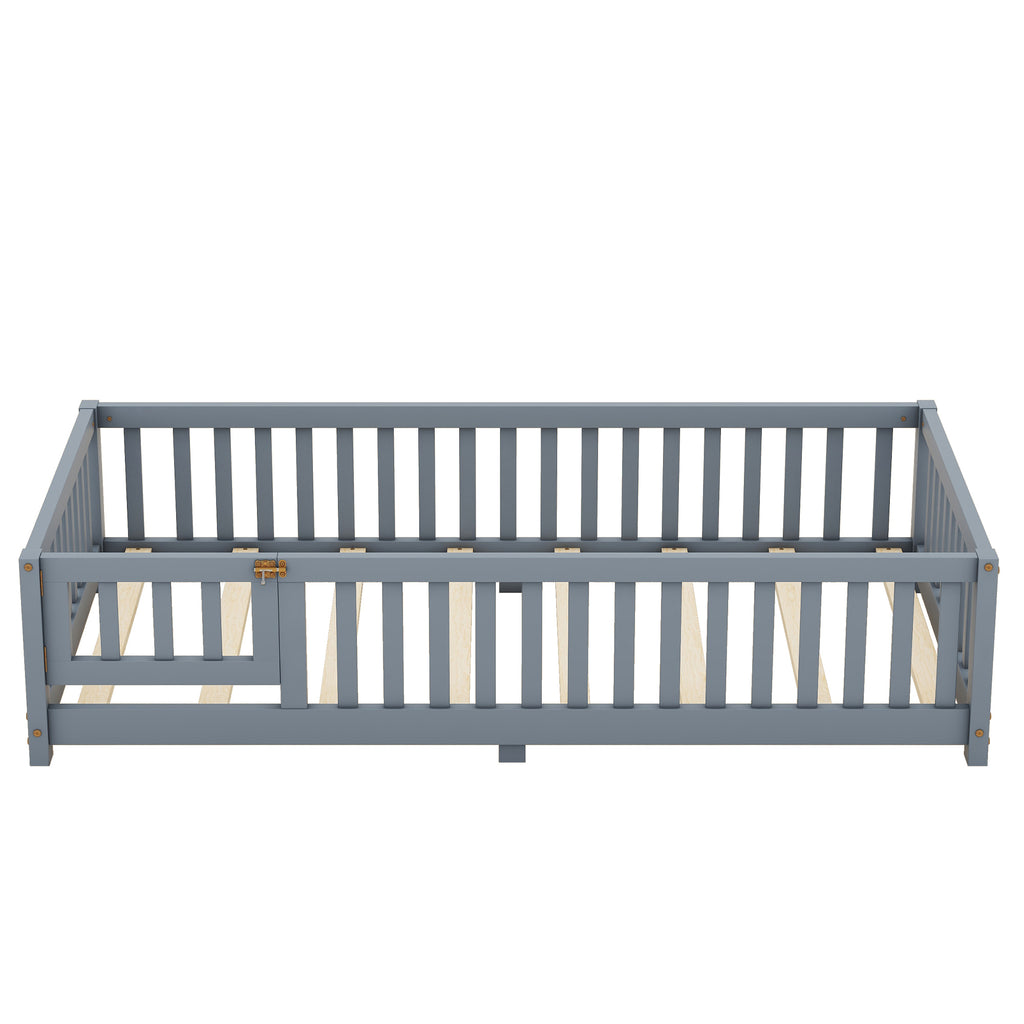 Leoglint Twin Size Bed Floor Bed Frame with Safety Guardrails and Door for Kids, Gray(Old SKU: W158090685)