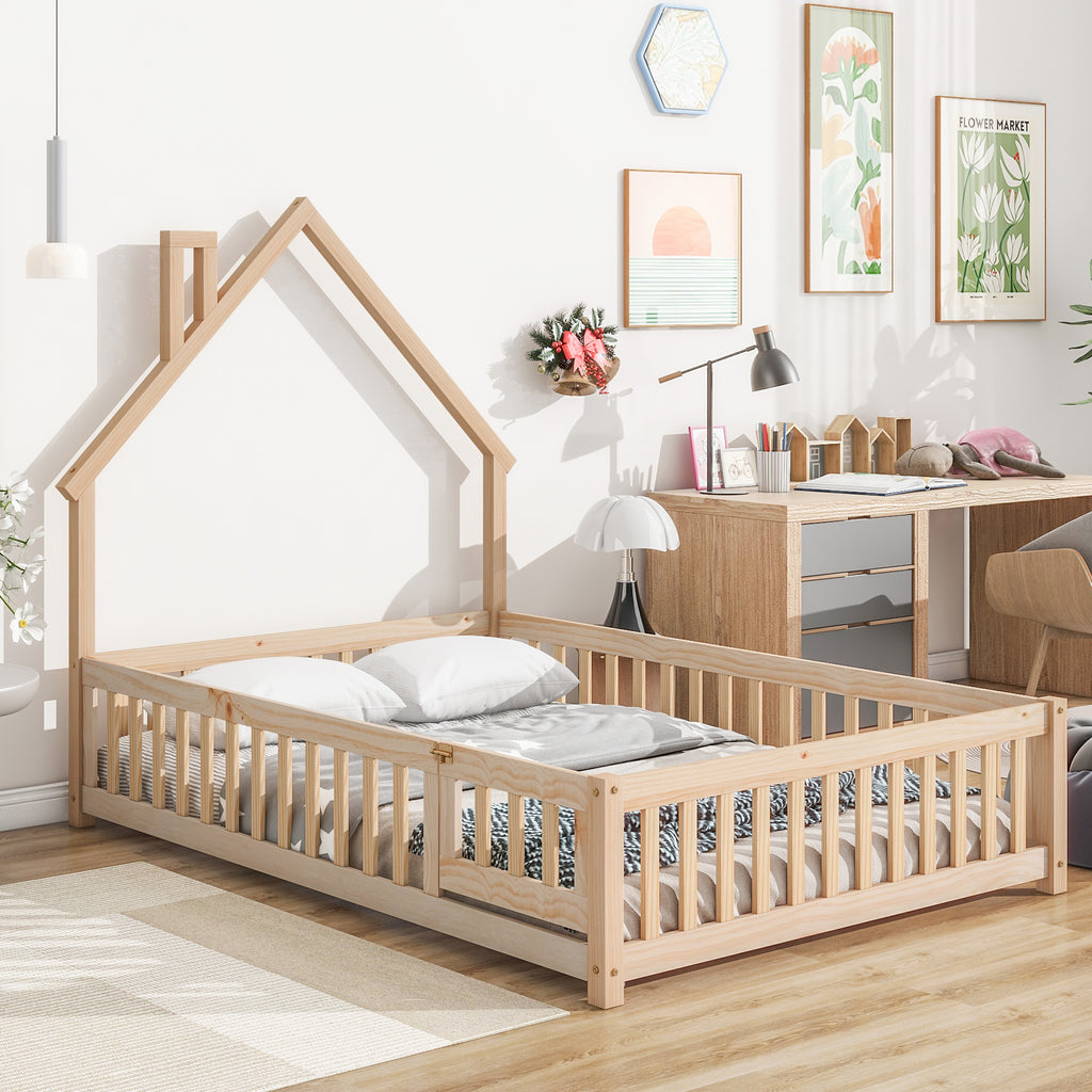 Leoglint Bed Frame Full House-Shaped Headboard Floor Bed with Fence,Natural