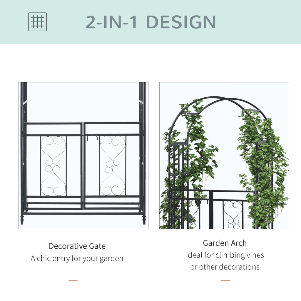 Leoglint 81" Metal Garden Trellis Arbor with Double Doors, Locking Gate, Climbing Vine Frame with Heart Motifs, Arch for Wedding, Bridal Party Decoration, Grey