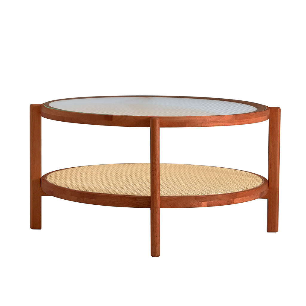 Leoglint Modern minimalist circular double-layer solid wood coffee table, craft glass tabletop, second layer material: PE rattan, solid wood frame. 34.6 '* 34.6' * 17.7''