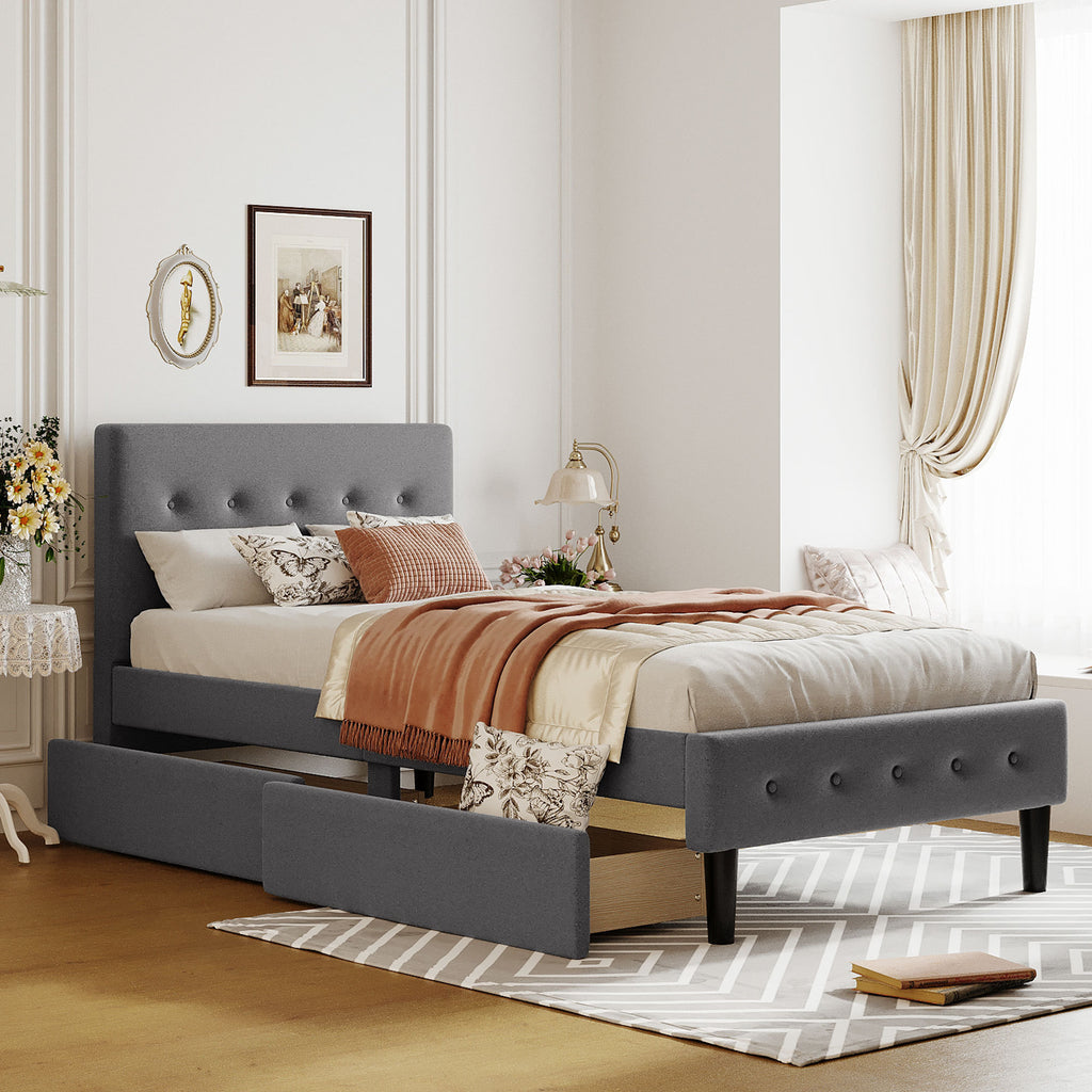 Leoglint Twin Size Upholstered Platform Bed Frame with 2 Drawers, Gray