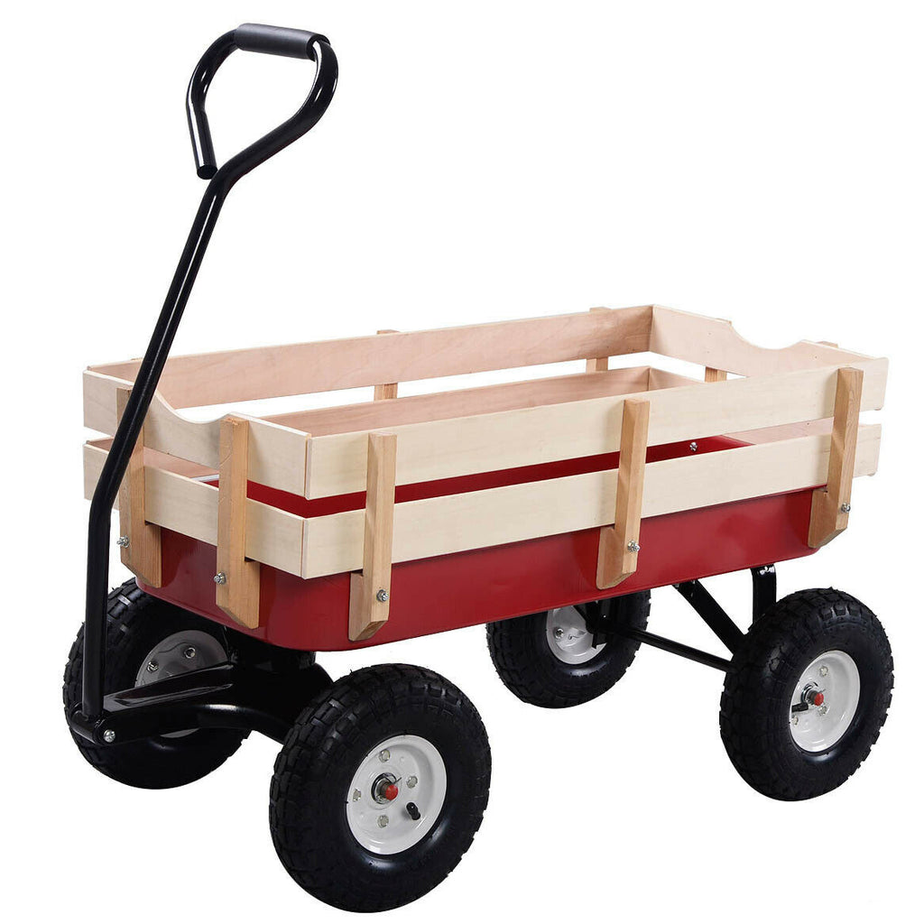 Leoglint Outdoor Wagon All Terrain Pulling Wood Railing Air Tires  Garden cart (Red+white)