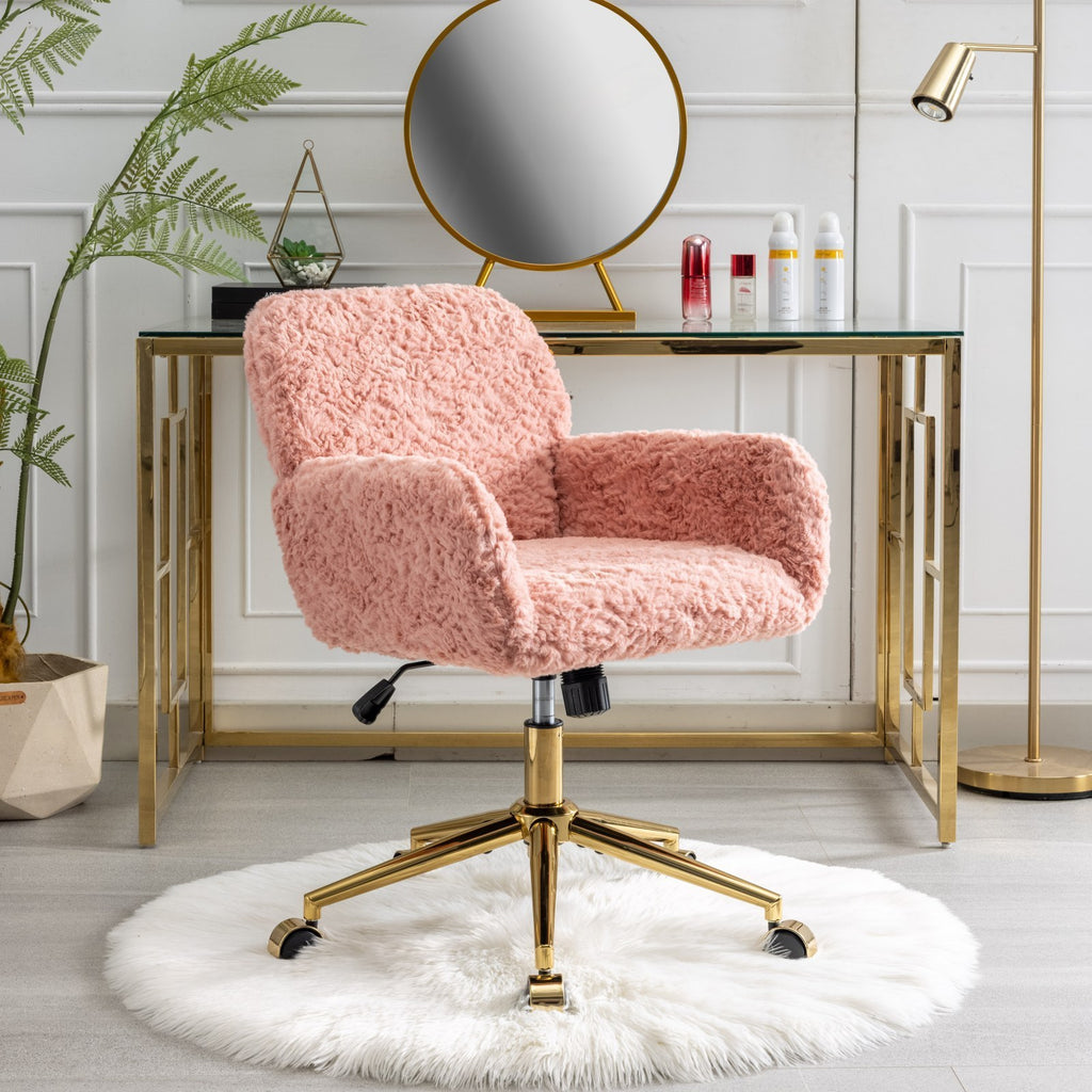 Leoglint A&A Furniture Office Chair,Artificial rabbit hair Home Office Chair with Golden Metal Base,Adjustable Desk Chair Swivel Office Chair,Vanity Chair(Pink)