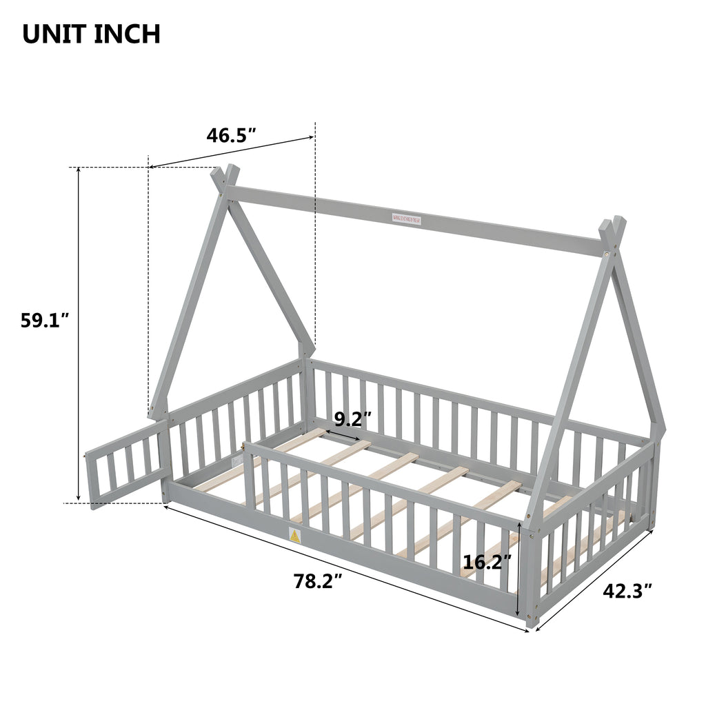 Leoglint Twin Tent-shaped Floor Bed Frame, with Guardrails, Slats, Door ,Grey