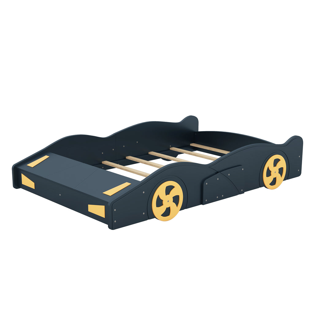 Leoglint Bed Frame Full Size Race Car-Shaped Platform Bed with Wheels and Storage, Dark Blue+Yellow