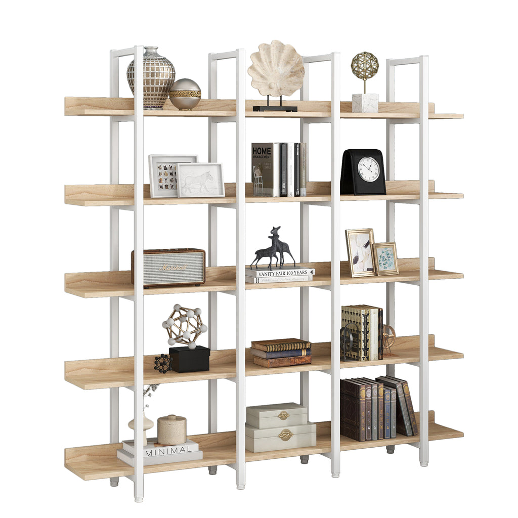 Leoglint 5 Tier Bookcase Home Office Open Bookshelf, Vintage Industrial Style Shelf, MDF Board, White Metal Frame, Oak