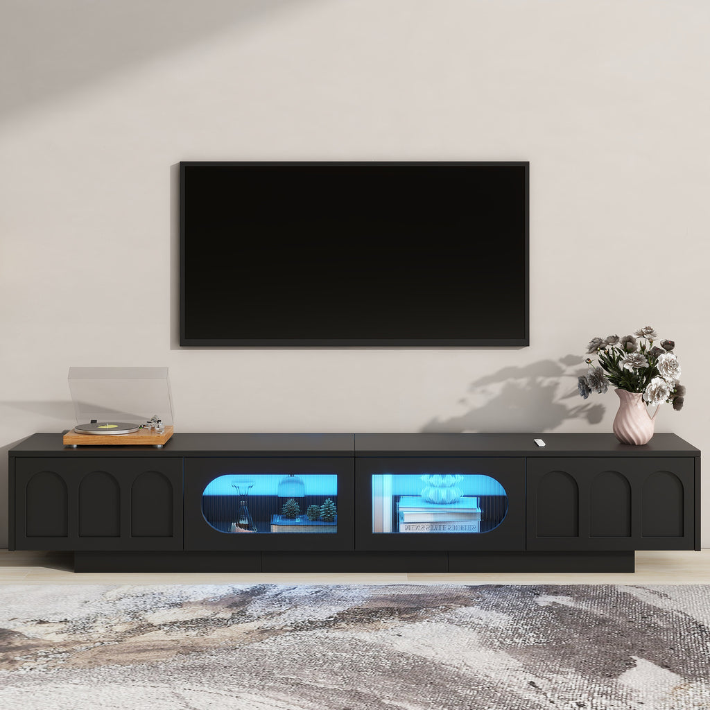 Leoglint ON-TREND TV Stand with Fluted tempered Glass Doors for TVs Up to 95'', Functional Media Console with Arched Cabinet Doors, Entertainment Center with APP-Controlled LED Light for Living Room, Black