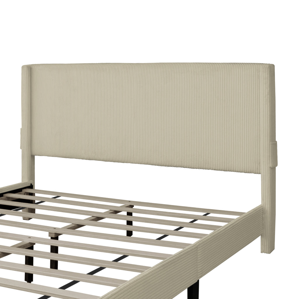 Leoglint Bed Frame CORDUROY VELVET QUEEN FOOTBOARD DRAWER STORAGE UPHOLSTERED WINGBACK BED NO BOX SPRING REQUIRE BEIGE WHITE